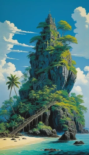 studio ghibli,flying island,tropical house,island suspended,an island far away landscape,island,the island,islands,isle,japan landscape,tropical island,floating island,bird island,dream beach,tropics,kei islands,monkey island,bird kingdom,ancient city,mushroom island,Conceptual Art,Sci-Fi,Sci-Fi 18