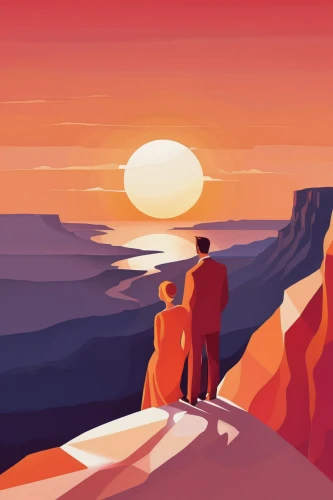 travel poster,guards of the canyon,orange robes,mountain sunrise,viewing dune,uluru,dune,dune landscape,landscape red,loving couple sunrise,red cliff,coast sunset,dune sea,warm colors,badlands,sci fiction illustration,aperol,low poly,gradient effect,desert background,Illustration,Black and White,Black and White 32