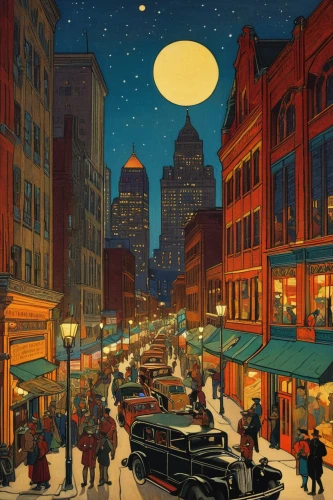 night scene,david bates,evening city,city scape,city at night,newyork,new york,city lights,citylights,philadelphia,manhattan,martin fisher,new york restaurant,carol colman,vintage illustration,big night city,new york streets,robert harbeck,christmas night,street lights,Illustration,Retro,Retro 11