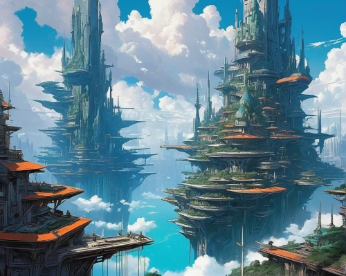 futuristic landscape,ancient city,fantasy city,skyscraper town,fantasy landscape,cityscape,citadel,metropolis,skyscrapers,cloud towers,harbor,sky city,pillars,fantasy world,artificial island,skyscraper,urban towers,futuristic architecture,floating islands,utopian,Conceptual Art,Fantasy,Fantasy 08