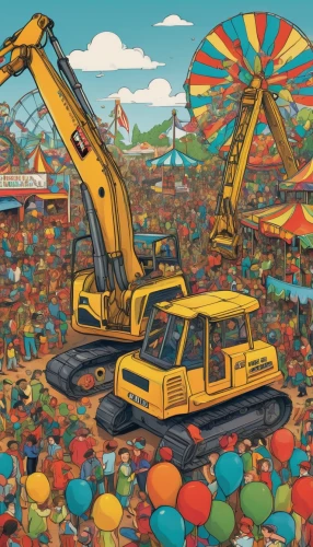 yellow machinery,excavators,excavator,construction machine,construction toys,heavy machinery,landfill,colorful balloons,trash land,mega crane,digging equipment,construction equipment,excavation,two-way excavator,demolition,ball pit,jigsaw puzzle,demolition derby,rope excavator,annual fair,Illustration,Retro,Retro 20