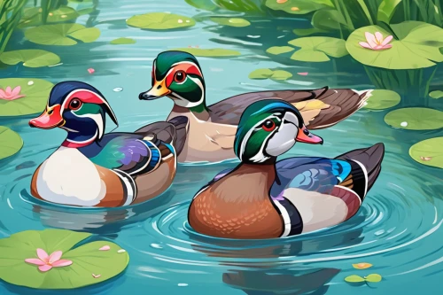 mandarin ducks,mandarin duck water bird,wild ducks,bath ducks,ducks,wood duck,ornamental duck,spring background,springtime background,mandarin duck,cayuga duck,waterfowl,female duck,brahminy duck,duck females,water fowl,waterfowls,mallards,bath duck,pedalos,Illustration,Japanese style,Japanese Style 02