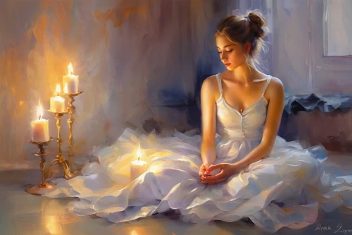 candlelight,romantic portrait,burning candles,candlelights,candle light,burning candle,candle,oil painting,art painting,lighted candle,mystical portrait of a girl,tea-lights,oil painting on canvas,tea light,girl in white dress,candles,girl in a long dress,candlemaker,lights serenade,glow of light,Illustration,Paper based,Paper Based 11