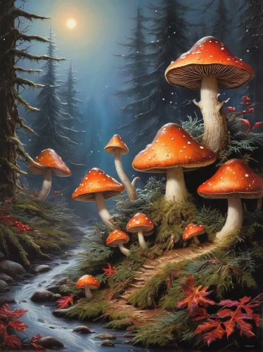 mushroom landscape,forest mushrooms,toadstools,mushroom island,mushrooms,forest mushroom,club mushroom,red fly agaric mushrooms,fungi,fly agaric,fungal science,fairy forest,edible mushrooms,amanita,umbrella mushrooms,brown mushrooms,mushrooming,champignon mushroom,cubensis,agaric,Illustration,Realistic Fantasy,Realistic Fantasy 32