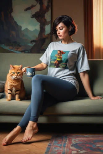 girl in t-shirt,tshirt,cat furniture,isolated t-shirt,girl with cereal bowl,puma,domestic short-haired cat,american shorthair,cat portrait,tee,print on t-shirt,vintage cats,ritriver and the cat,cat lovers,cat image,the living room of a photographer,long-sleeved t-shirt,artistic portrait,artist portrait,woman sitting,Conceptual Art,Oil color,Oil Color 04