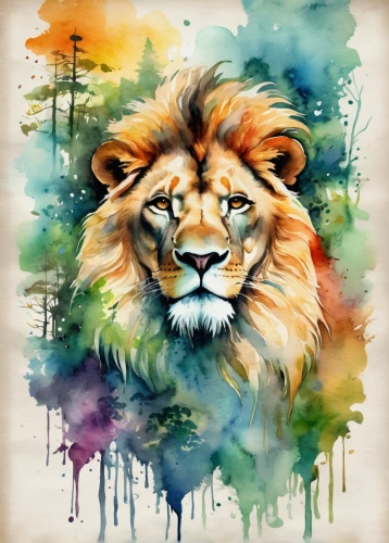 panthera leo,lion,forest king lion,lion white,african lion,male lion,lion number,zodiac sign leo,watercolor background,female lion,watercolor paint,watercolor painting,skeezy lion,lion head,lioness,king of the jungle,watercolor paint strokes,watercolor,lion - feline,two lion,Illustration,Paper based,Paper Based 25