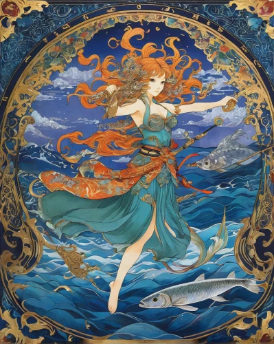 amano,neptune,rusalka,the wind from the sea,god of the sea,art nouveau,the sea maid,sea fantasy,art nouveau design,birds of the sea,nami,siren,fantasia,oriental painting,harmonia macrocosmica,water nymph,sea god,tapestry,motifs of blue stars,wind rose,Art,Classical Oil Painting,Classical Oil Painting 17