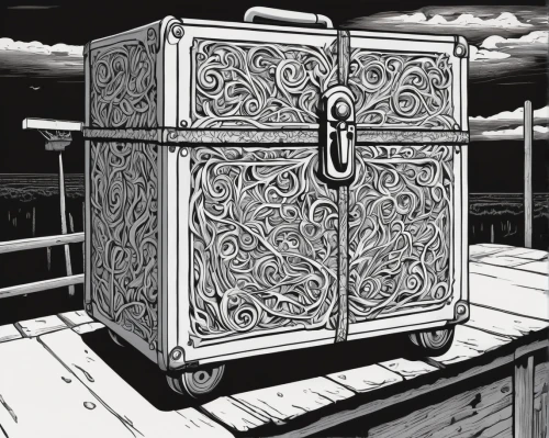 steamer trunk,courier box,treasure chest,lyre box,musical box,toolbox,barebone computer,metal cabinet,music chest,crate,metal box,attache case,luggage compartments,suitcase,filing cabinet,cashbox,savings box,box camera,armoire,box car,Illustration,Black and White,Black and White 18
