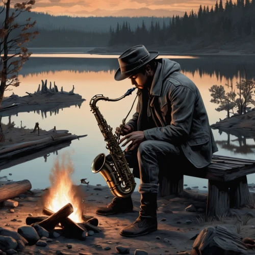 man with saxophone,saxophone playing man,saxophone,saxophone player,saxophonist,itinerant musician,tenor saxophone,baritone saxophone,musician,game illustration,banjo player,american frontier,drawing trumpet,trumpet player,sax,brass instrument,instrument music,musical instruments,saxhorn,fire artist,Conceptual Art,Fantasy,Fantasy 33