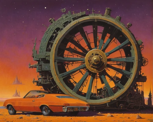 pioneer 10,yellow machinery,time machine,rust-orange,clockmaker,wheels of cheese,machinery,atomic age,spacecraft,moon car,iron wheels,lunar prospector,cog wheels,hubcap,simple machine,klaus rinke's time field,vintage art,cogwheel,old wheel,high wheel,Conceptual Art,Sci-Fi,Sci-Fi 17