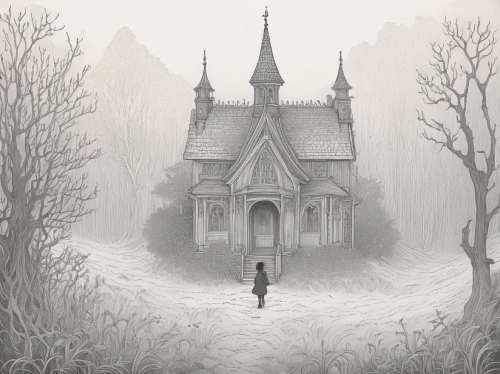 witch's house,ghost castle,witch house,lonely house,the haunted house,haunted castle,house in the forest,haunted cathedral,lostplace,haunted house,house silhouette,creepy house,gothic,gothic style,fairy tale castle,fairy tale,children's fairy tale,dark gothic mood,game illustration,foggy day,Illustration,Black and White,Black and White 13