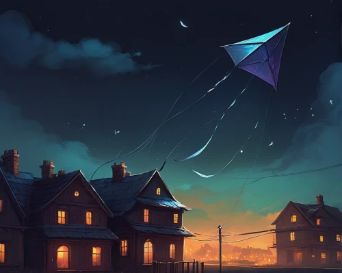 fly a kite,kites,paper plane,paper airplane,lonely house,paper boat,lanterns,star bunting,house roofs,kite,lamplighter,evening atmosphere,paper airplanes,fire kite,night scene,roofs,dusk background,summer umbrella,houses silhouette,wind vane,Conceptual Art,Fantasy,Fantasy 17