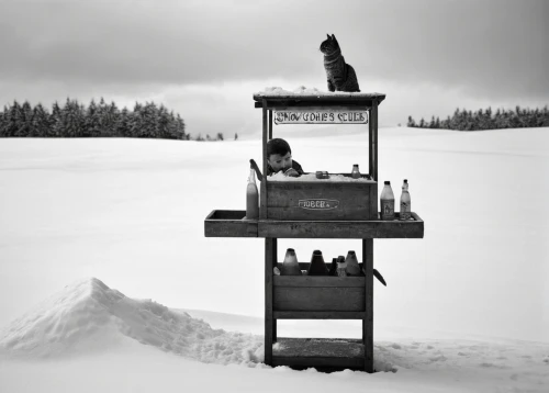 cold drink,corona winter,ice fishing,winter drink,unique bar,bartender,liquor bar,barmaid,barman,frozen drink,beer dispenser,waiting staff,isolated bottle,ice cream stand,snowcone,empty bottle,finnish lapland,snowy still-life,soda fountain,soda machine,Photography,Black and white photography,Black and White Photography 02