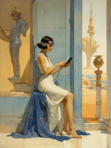 girl studying,woman holding a smartphone,orientalism,woman playing violin,girl at the computer,asher durand,art deco woman,e-book readers,majorelle blue,classical antiquity,woman playing,vintage art,people reading newspaper,readers,vintage illustration,emile vernon,the gramophone,carl svante hallbeck,texting,e-reader,Illustration,Paper based,Paper Based 23