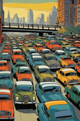 traffic jams,yellow taxi,traffic jam,taxicabs,heavy traffic,automobiles,vintage cars,city highway,traffic congestion,evening traffic,cahill expressway,city car,austin cambridge,congestion,vintage illustration,bottleneck,transport and traffic,aronde,cool pop art,new york taxi,Illustration,American Style,American Style 09