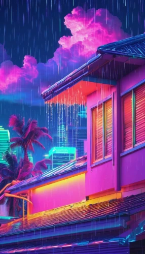 tropical house,aesthetic,blue rain,rainstorm,rainy,miami,raindops,tropics,vapor,neon lights,honolulu,bungalow,rains,neon light,monsoon,rainy season,neon,rain bar,atmosphere,lonely house,Conceptual Art,Sci-Fi,Sci-Fi 28