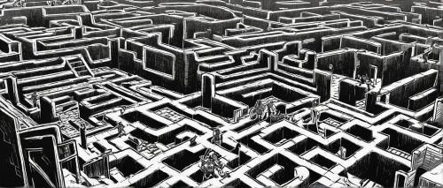 maze,escher,labyrinth,lattice,fractal environment,circuitry,isometric,escher village,panopticon,complexity,cube surface,city blocks,crosshatch,square pattern,zigzag,ventilation grid,chaos theory,squares,cubes,fractal,Illustration,Black and White,Black and White 10
