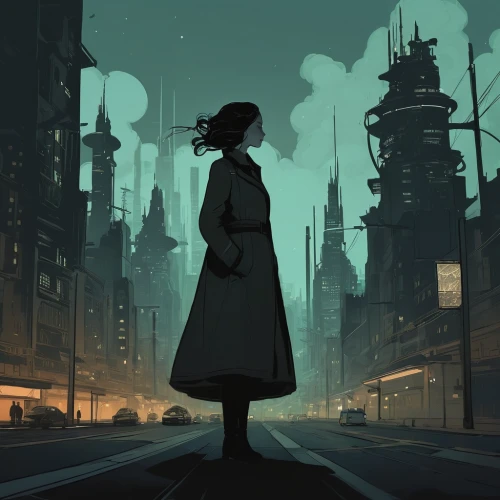 transistor,girl walking away,sci fiction illustration,lamplighter,transistor checking,dystopian,wanderer,the wanderer,game illustration,evening city,mystery book cover,destroyed city,metropolis,girl in a long,black city,pedestrian,evening atmosphere,the girl at the station,cityscape,the pollution,Illustration,Black and White,Black and White 02