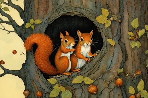 squirrels,woodland animals,fox and hare,buckthorn family,garden-fox tail,foxes,fox stacked animals,apple pair,red squirrel,whimsical animals,autumn idyll,fox hunting,acorns,tree squirrel,forest animals,eurasian red squirrel,carol colman,little fox,young couple,children's fairy tale,Illustration,Retro,Retro 17