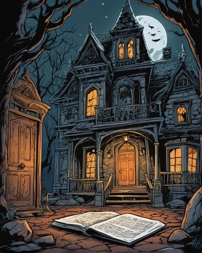 witch's house,the haunted house,witch house,haunted house,halloween illustration,halloween and horror,ghost castle,halloween poster,haunted castle,halloween scene,the threshold of the house,magic castle,houses clipart,halloween travel trailer,halloween background,crooked house,victorian house,ancient house,fairy door,haunted,Illustration,American Style,American Style 13