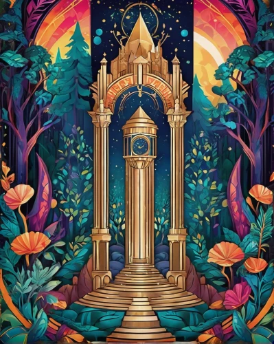 tabernacle,temples,art nouveau design,art nouveau,throne,the throne,portal,wishing well,church painting,el dorado,grandfather clock,tapestry,fantasia,libra,art deco background,fairy tale icons,advent candle,the threshold of the house,temple fade,the door,Illustration,Vector,Vector 16