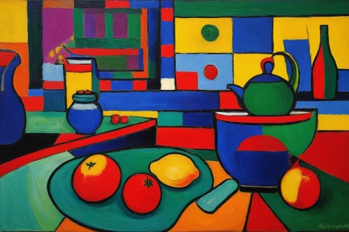 fruit market,vegetable market,still-life,vegetables landscape,greengrocer,saturated colors,parcheesi,italian painter,colorful city,fruit stand,traffic light,summer still-life,still life,cubism,fruit bowl,fruit stands,oil on canvas,traffic lights,oil painting on canvas,three primary colors,Art,Artistic Painting,Artistic Painting 36