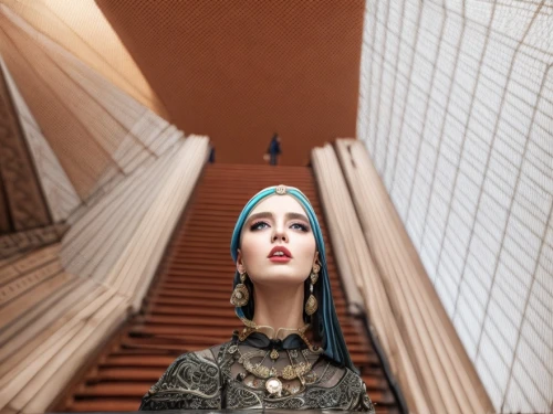 ancient egyptian girl,soumaya museum,jewelry（architecture）,art deco woman,girl on the stairs,louvre,cleopatra,louvre museum,escalator,orientalism,futuristic art museum,egyptian temple,iranian architecture,vertigo,looking up,young model istanbul,iranian,sphynx,hijaber,catwalk,Common,Common,Fashion