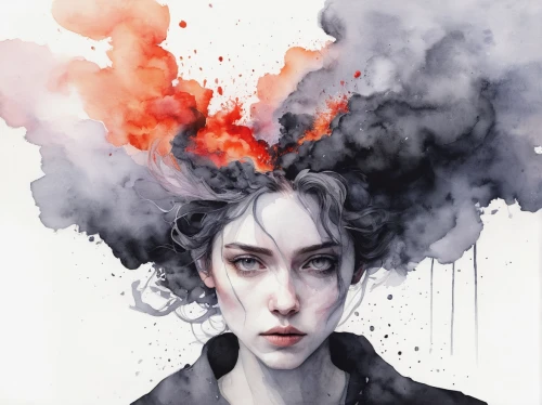 eruption,exploding head,combustion,sci fiction illustration,red smoke,digital illustration,burning hair,ashes,fire siren,burning cigarette,the pollution,explode,clementine,book cover,burning house,disorder,nora,pollution,mystery book cover,digital painting,Illustration,Paper based,Paper Based 20
