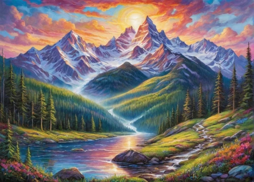 mountain sunrise,mountain landscape,mountain scene,landscape background,oil painting on canvas,mountainous landscape,cascades,painting technique,mountains,the spirit of the mountains,the landscape of the mountains,salt meadow landscape,mountain valley,oil on canvas,oil painting,nature landscape,mountain range,high landscape,art painting,high mountains,Illustration,Paper based,Paper Based 09