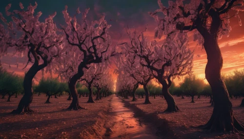 almond trees,orchards,cherry trees,fruit fields,apple trees,tree grove,row of trees,argan trees,almond tree,fruit trees,apple orchard,fantasy landscape,apple plantation,virtual landscape,japanese cherry trees,orchard,olive grove,pink dawn,blooming trees,grape plantation,Illustration,Realistic Fantasy,Realistic Fantasy 47