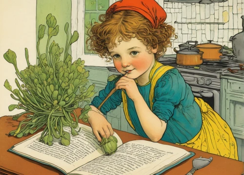 kate greenaway,vintage illustration,picking vegetables in early spring,book illustration,carnation coloring,girl in the kitchen,cooking book cover,old cooking books,child with a book,culinary herbs,recipe book,little girl reading,garden herbs,girl studying,herbage,girl picking flowers,charlotte cushman,girl with bread-and-butter,busy lizzie,rosemary,Illustration,Retro,Retro 11
