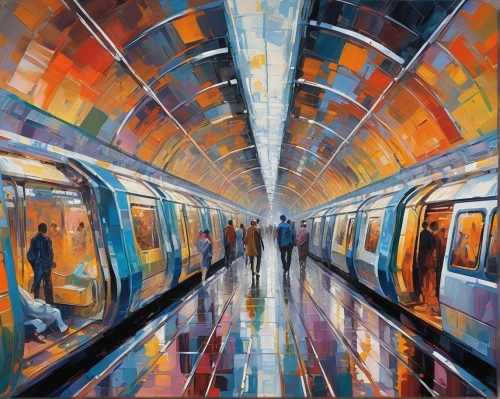 london underground,metro,metro station,train way,sky train,oil painting on canvas,subway station,skytrain,flxible metro,glass painting,metro escalator,subway system,oil on canvas,south korea subway,the girl at the station,transit,underground,tunnel,light rail,train,Conceptual Art,Oil color,Oil Color 10