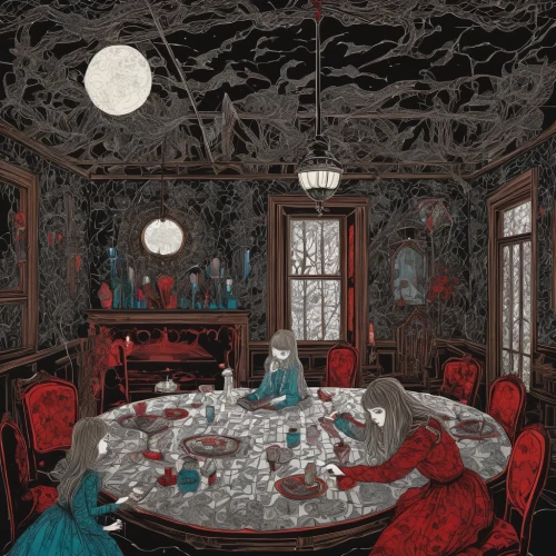 the little girl's room,dining room,doll's house,blue room,doll kitchen,dining table,witch house,tearoom,tea service,witch's house,dollhouse,doll house,breakfast room,danish room,damask,dandelion hall,kitchen table,children's room,dining,chinaware,Illustration,Abstract Fantasy,Abstract Fantasy 04