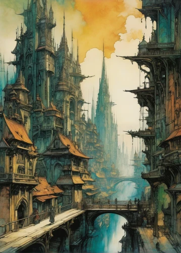 fantasy city,ancient city,destroyed city,fantasy landscape,cityscape,metropolis,aurora village,fantasy world,citadel,futuristic landscape,imperial shores,dystopian,kadala,city cities,medina,heroic fantasy,fantasy art,dystopia,medieval town,fantasy picture,Illustration,Retro,Retro 25