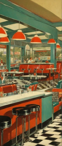 retro diner,soda fountain,mid century,food court,diner,fifties,mid century modern,soda shop,drive in restaurant,cafeteria,atomic age,fast food restaurant,60s,1955 montclair,fifties records,1960's,vanishing point,ice cream parlor,restaurants,ufo interior,Art,Classical Oil Painting,Classical Oil Painting 15