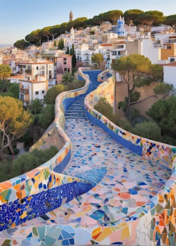 park güell,winding steps,balearic islands,the balearics,mediterranean,spanish tile,balearica,positano,puglia,oia,nerja,andalusia,alhambra,apulia,ostuni,gaudí,alicante,mirador del rio,mosaics,mijas,Photography,Fashion Photography,Fashion Photography 25