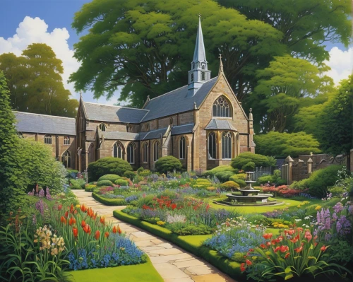 church painting,cottage garden,english garden,vegetables landscape,gardens,clove garden,flower garden,garden buildings,forest chapel,lilly of the valley,spring garden,wayside chapel,garden of eden,garden of plants,monastery garden,church bells,horticulture,vegetable garden,the garden,flower borders,Conceptual Art,Sci-Fi,Sci-Fi 21