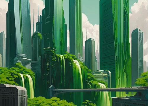 futuristic landscape,green forest,green trees,green landscape,green valley,sci fiction illustration,green waterfall,terraforming,cartoon forest,ancient city,patrol,bamboo forest,metropolis,environment,mushroom landscape,green,virtual landscape,greenery,forests,art deco background,Conceptual Art,Daily,Daily 08