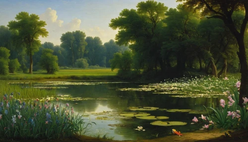 meadow landscape,green landscape,river landscape,brook landscape,green meadow,idyll,forest landscape,landscape,dutch landscape,rural landscape,green meadows,nature landscape,meadows,spring morning,lilly pond,dongfang meiren,landscape nature,salt meadow landscape,wetlands,in the early summer,Art,Classical Oil Painting,Classical Oil Painting 33