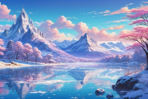 landscape background,fantasy landscape,winter background,snow landscape,ice landscape,winter landscape,snowy landscape,mountain landscape,mountain scene,snowy mountains,beautiful landscape,fragrant snow sea,mountainous landscape,snow mountains,fantasy picture,japanese sakura background,sakura background,purple landscape,nature landscape,snow scene,Illustration,Japanese style,Japanese Style 03