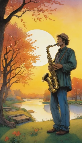 saxophone playing man,man with saxophone,saxophonist,saxophone player,saxophone,tenor saxophone,baritone saxophone,sax,trumpet player,trumpeter,itinerant musician,saxhorn,jazz,wind instrument,brass instrument,musician,folk music,sackbut,blues and jazz singer,trumpet climber,Illustration,Realistic Fantasy,Realistic Fantasy 04