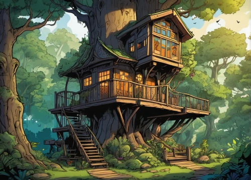 tree house,treehouse,tree house hotel,house in the forest,wooden house,log home,witch's house,timber house,little house,log cabin,ancient house,stilt house,small house,studio ghibli,crooked house,summer cottage,tree stand,two story house,house in mountains,cabin,Illustration,American Style,American Style 13