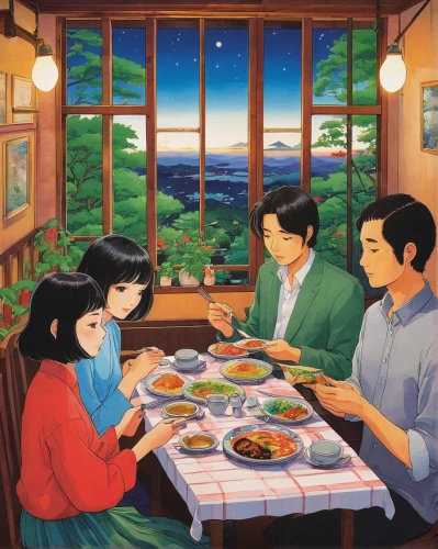 japanese restaurant,shirakami-sanchi,placemat,izakaya,studio ghibli,korean royal court cuisine,okinawan cuisine,chinese restaurant,yakiniku,tea ceremony,dining,family dinner,alpine restaurant,a restaurant,sushi japan,japanese meal,arrowroot family,jiaozi,japanese cuisine,shirakawa-go,Illustration,Japanese style,Japanese Style 20