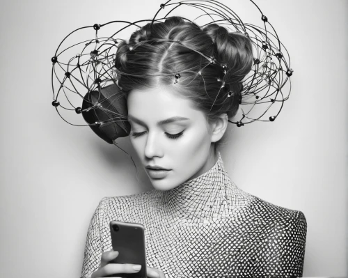 woman holding a smartphone,woman's hat,telephone accessory,corded phone,mobile device,cell phone,wireless device,telephone operator,telephone,the hat of the woman,texting,cellular phone,artificial hair integrations,wireless devices,headpiece,communication device,wireless signal,woman thinking,conceptual photography,cloche hat,Photography,Documentary Photography,Documentary Photography 30
