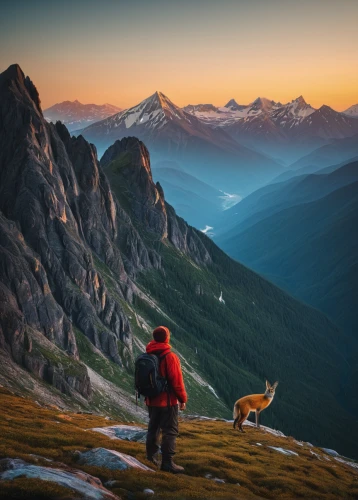 dog hiking,mountain sunrise,tyrolean hound,patagonian fox,alpine marmot,mountain guide,hare of patagonia,british columbia,alpine sunset,bavarian mountain hound,alpine crossing,marmot,mountain goat,majestic nature,the spirit of the mountains,estrela mountain dog,mountain hiking,mountaineering,shepherd dog,formosan mountain dog,Illustration,Realistic Fantasy,Realistic Fantasy 45