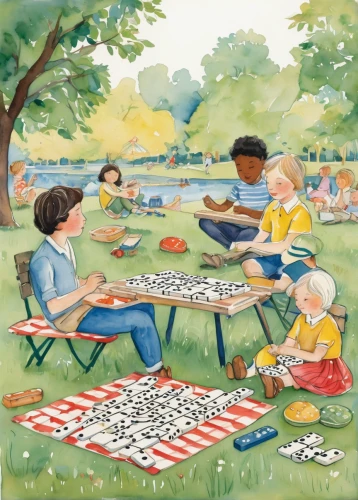 picnic table,picnic,family picnic,chess game,tea party,card table,placemat,picnic boat,board game,picnic basket,summer fair,gnomes at table,children learning,long table,jigsaw puzzle,tablecloth,card game,outdoor table,chess player,garden party,Illustration,Black and White,Black and White 26