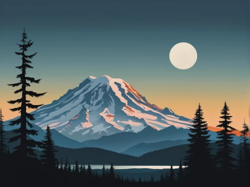 mount hood,rainier,mt hood,mount rainier,mt rainier,shasta,silvertip fir,cool woodblock images,travel poster,moonrise,mountain landscape,mountain scene,mountain,trillium lake,mountains,alaska,mount saint helens,mountain sunrise,mount st helens,stratovolcano,Illustration,Japanese style,Japanese Style 08