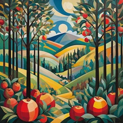 autumn landscape,apple harvest,fall landscape,apple trees,apple orchard,frutti di bosco,apple mountain,autumn icon,forest landscape,fruit fields,apple plantation,orchards,orchard,carol colman,cart of apples,autumn forest,girl picking apples,autumn idyll,apple tree,apple picking,Art,Artistic Painting,Artistic Painting 35