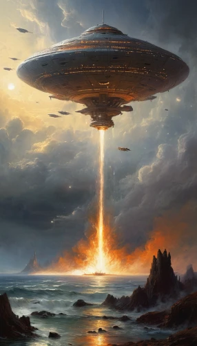 saucer,ufo,ufo intercept,ufos,flying saucer,alien ship,sci fiction illustration,extraterrestrial life,unidentified flying object,futuristic landscape,alien world,alien invasion,alien planet,airships,science fiction,science-fiction,abduction,heliosphere,brauseufo,scifi,Art,Classical Oil Painting,Classical Oil Painting 13