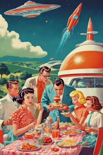 atomic age,space tourism,ufos,flying saucer,retro diner,saucer,ufo intercept,cosmonautics day,ufo,drive in restaurant,spacefill,teacups,astronomers,edsel,fifties,placemat,ufo interior,extraterrestrial life,space travel,retro 1950's clip art,Conceptual Art,Sci-Fi,Sci-Fi 29